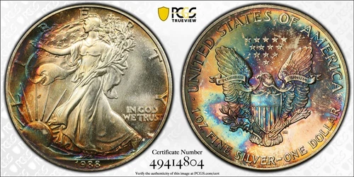 1988 American Silver Eagle PCGS MS67 TONER With TRUEVIEW Colors Double Side Tone