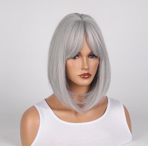Women's Wig Short Straight hair Short Bangs Grey mix Blonde wig for Daily Use