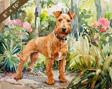 Irish Terrier watercolor painting in a serene garden 8x10 Print 