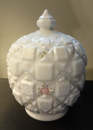Vintage Westmoreland White Milk Glass OLD QUILT Hand Painted Candy Jar w/ Lid