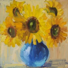 Sunflowers Painting Bouquet in Vase Original Wall Art Abstract Flowers Oil Art