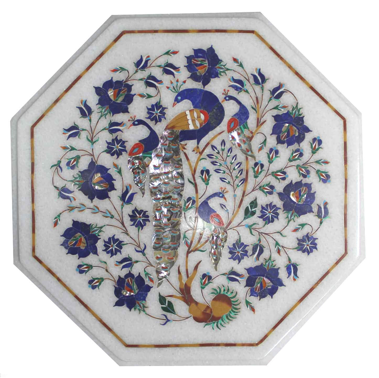 18 Inch Handmade Marble Corner Table with Lapis Peacock Inlay for Elegant Home Decor  