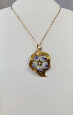 Pendentif Art Nouveau Forget-Me-Not - Or 10k Avec émail Et Perle - Bijou Antique - Occasion - Collier Fin