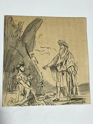REMBRANDT drawing and painting on old paper signed stamped vintage