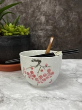 5''Cherry Blossom White Ceramic Ramen Noodle Rice Bowl W/chopsticks & spoon gift