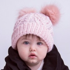 Cable Knit Baby Hat Blush Pink Beanie Pom Poms on Cap Winter Soft Stretch