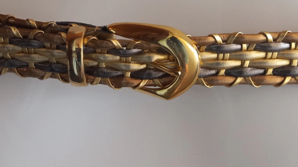 Винтажный золотистый тканый ремень 37,5 дюйма длинный женский размер Sm тканый регулируемый - Изображение 3 из 4