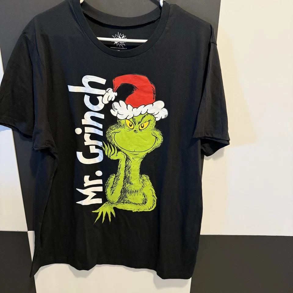 Camiseta Oficial Dr. Seuss El Grinch Negra Unisex Sombrero de Papá Noel Navidad talla Lg Foto 2 de 4