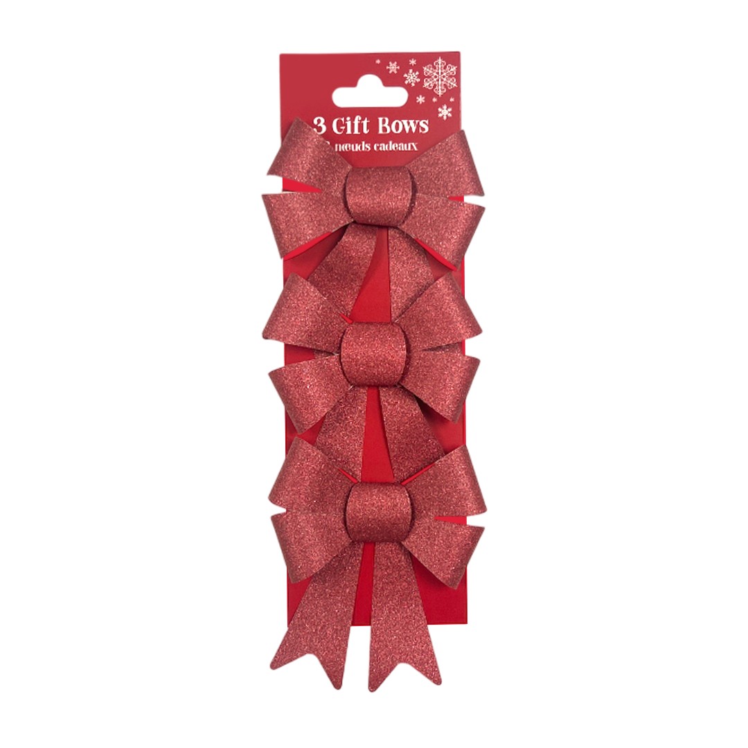 Pack of 3 Christmas Red Present Gift Bows - Glitter Gift Wrap Decorations