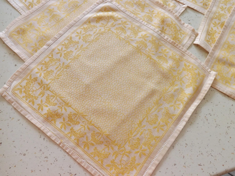 11 serviettes, fil de lin, damas jaune orangé, anciennes - Photo 3/4