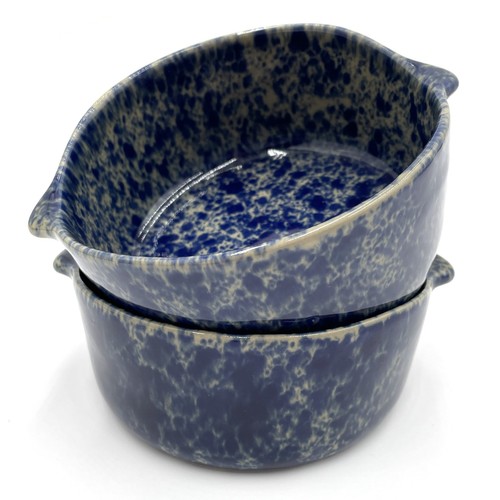 VTG Bennington Pottery Blue Agate 1641 Lug Handle Soup Bowls Beautiful! Set of 2