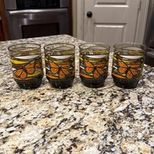 Set of 4 Vintage Libbey Monarch Butterfly Stackable Smokey Glass Tumblers MCM