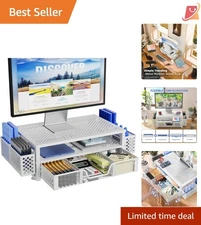 2 Tier Metal Monitor Stand with Drawer Pen Holder for Laptop, Computer White