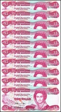 Bahamas 3 Dollars, L.1974 (1984), P-44, UNC X 10 PCS