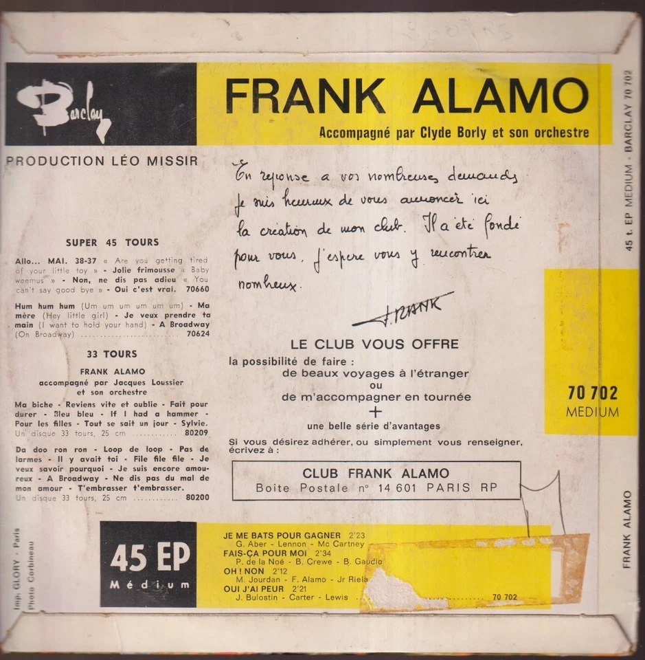 FRANK ALAMO - FR EP - JE ME BATS POUR GAGNER + 3 - Photo 2/2