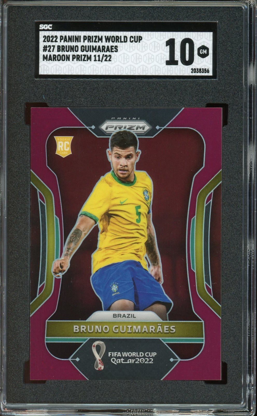 2022 Panini Prizm World Cup Bruno Guimaraes Maroon #/22 Rookie RC Brazil SGC 10