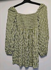 PLT PRETTYLITTLETHING GREEN WHITE GINGHAM CHECK LONG SLEEVE DRESS UK 8