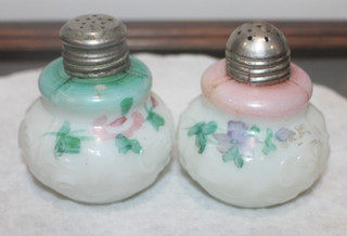 2 VICTORIAN MILK GLASS SCROLL DESIGN SALT SHAKERS W/PINK & GREEN FLORAL DECOR