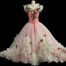 Vintage Princess Pink Flower Lace Beading Rose Ruffles Palace Ball Wedding Dress