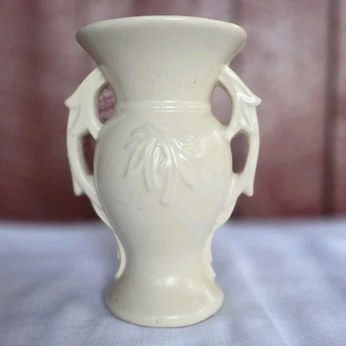 Vintage McCOY 1940s Ceramic Two Handle Vase Urn Leaf Pattern Cream White 9"