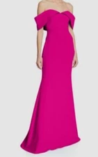Badgley Mischka Hot Pink Sz 4 Off Shoulder Runway Sample Sale $3500 Asymmetrical
