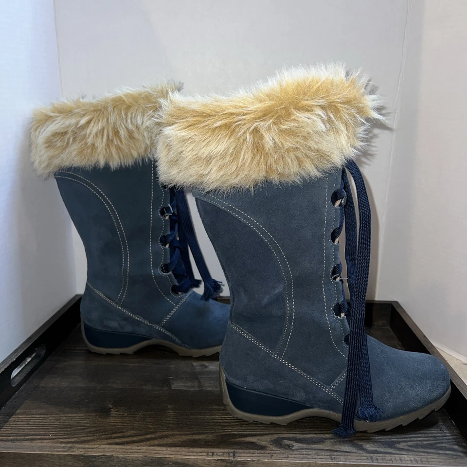Sporto Women’s Navy Blue Tall  Suede Tall Boot with Faux Fur Size 6.5 Lace Wedge - Image 4 of 4