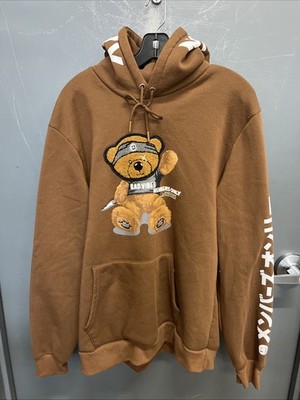 Men s Brown Members Only Teddy Bear Patch BAD VIBES Hoodie Size Large