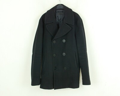 UNIQLO Men M Wool Double Breasted Anchor Button Trench Jacket Pea Overcoat  Black UK