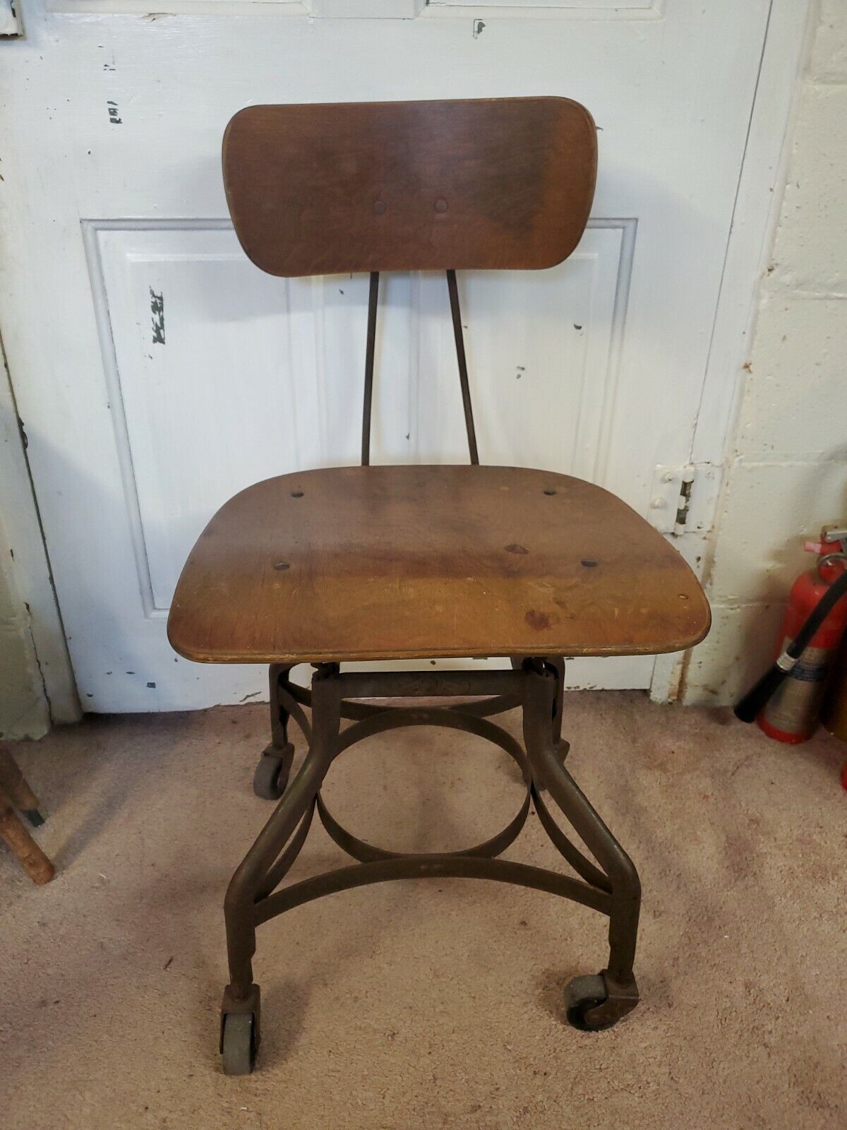 Vintage TOLEDO Industrial Drafting Stool/Chair Adjustable Swivel Wood & Metal