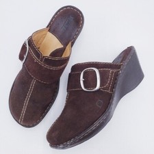 Born Shoes Womens Size 10 Mule Clogs Brown Leather Buckle Slip On Wedge Heels