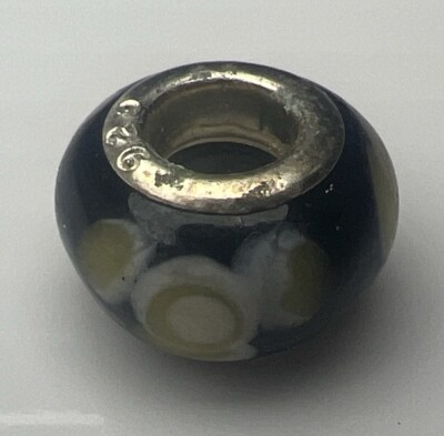 925 Sterling Silber Retro Slide Charm Murano Glas Blase Perle gelb schwarz Punkte