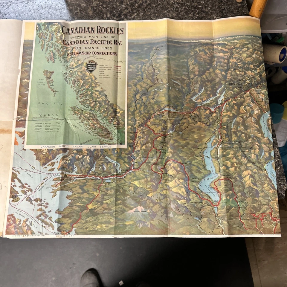 Mapa histórico 1921 Canadian Pacific Railway Steamboat Connection Foto 3 de 4