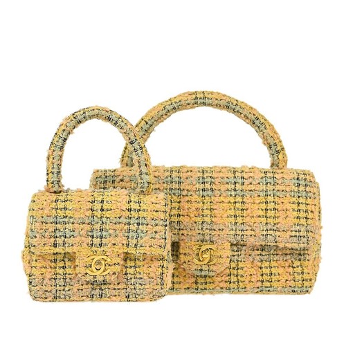 Chanel Yellow Tweed Classic Single Flap 2 in 1 Hand Bag Set 113959