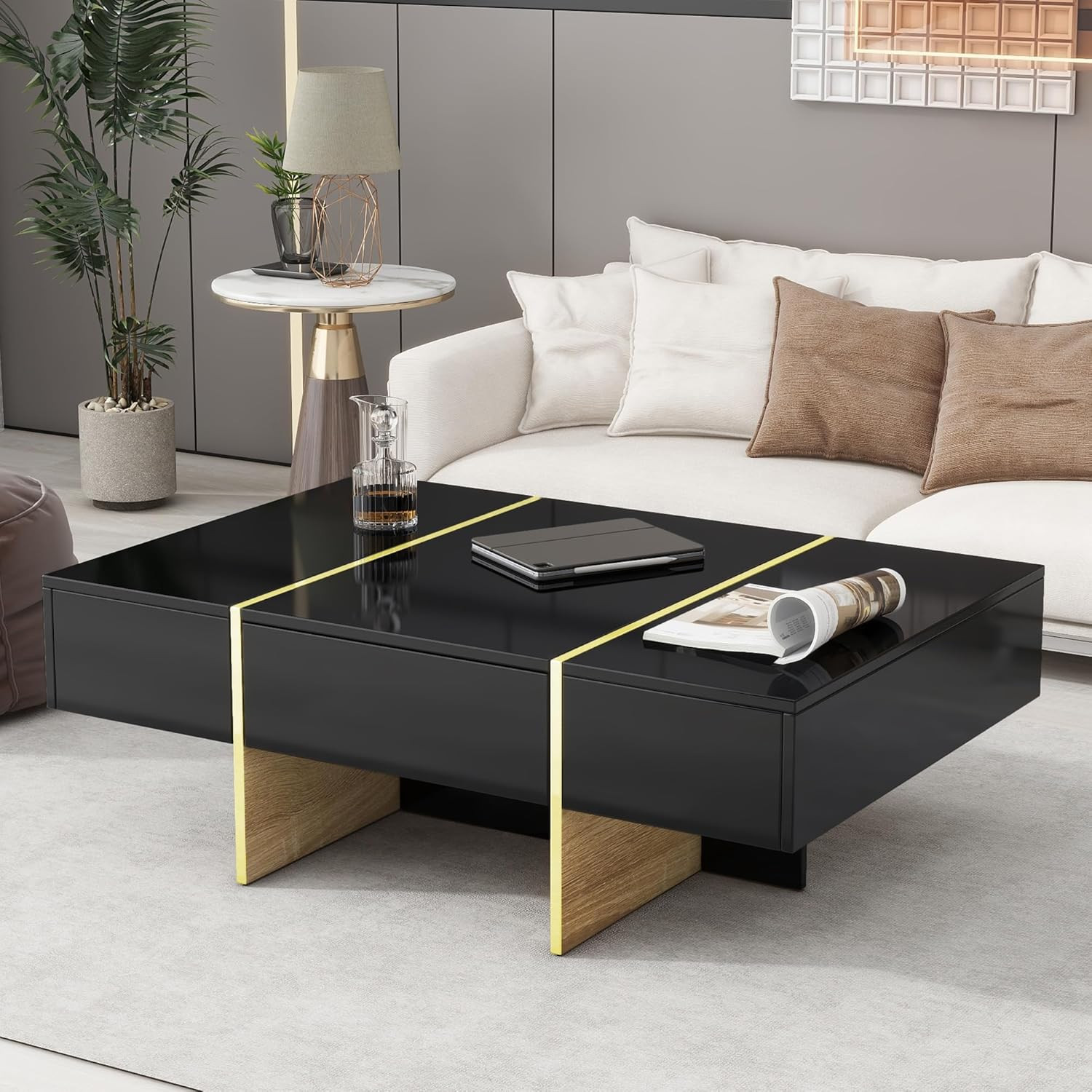 47.2'' X 31.4''Minimalist High Gloss Coffee Table with 2 Drawers, Multi-Storage