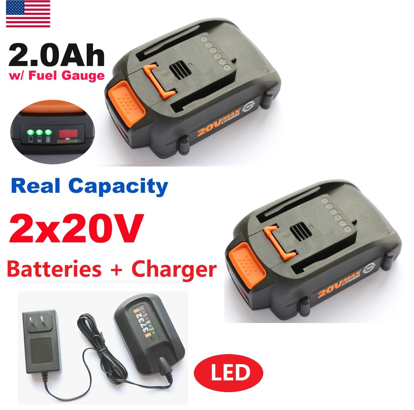 2x 2.0Ah 20V Max Lithium Battery For Worx WA3520 WA3525 WA3512 + WA3732 charger