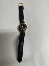 Vintage Disney Mickey Mouse Watch   Black Band, Gold Tone, Classic Mickey Dial