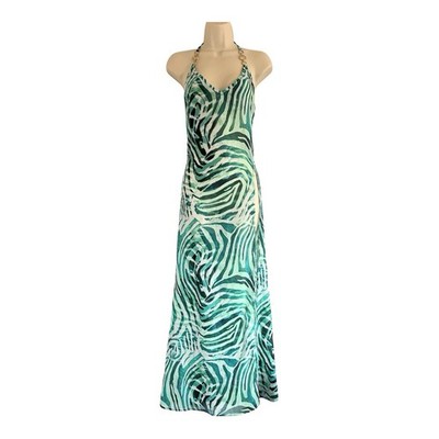 Pretty Little Thing Green Zebra Ring Detail  Chiffon Maxi Beach Dress Size 8