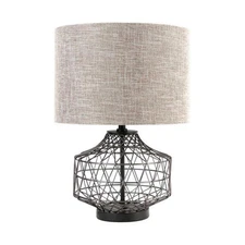 Mercana Clark (20"H) Bronze Barrel Metal Base Beige Linen Shade Table Lamp