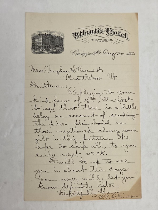 1903 antique ATLANTIC HOTEL bridgeport ct LETTERHEAD VAUGHAN BURNETT brattleboro