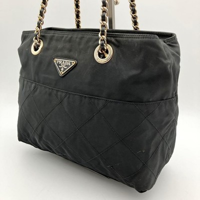 PRADA Tote Bag Chain Quilted Triangle Logo Black Used From Japan