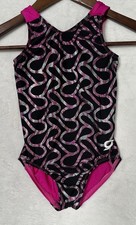 GK Elite Gymnastics Leotard Black Pink Metallic Swirl Size CS Child Small