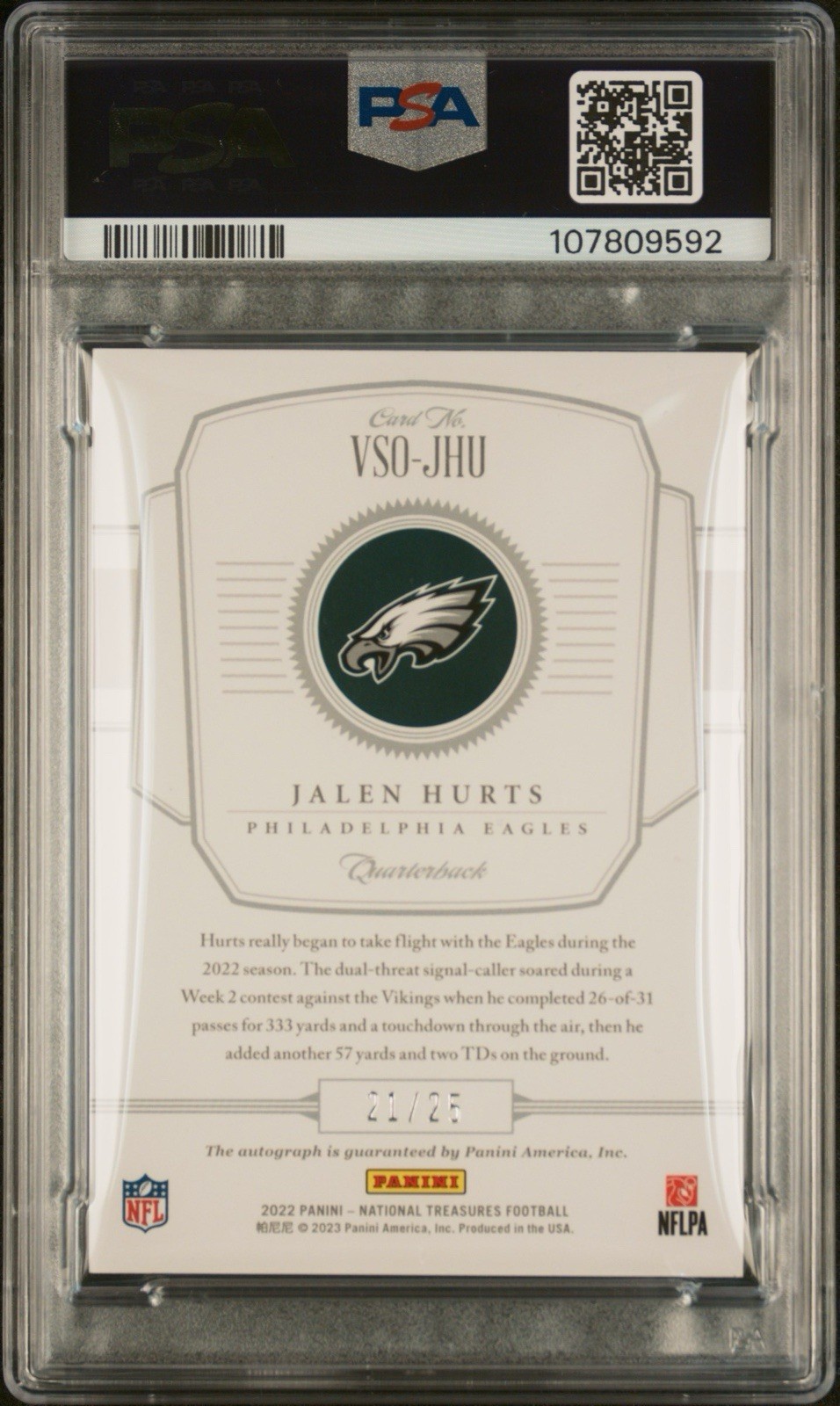 2023 National Treasures Jalen Hurts '22 Virtuoso AUTO /25 PSA 9 Autograph Eagles view 2