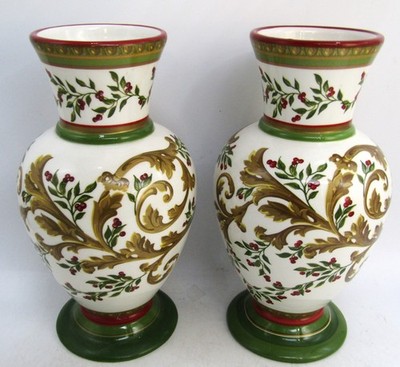 Vintage Laura Ashley FTD 9'' Green/Gold Vase, Set of 2.