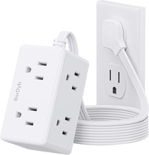 5Ft Flat Plug Small Power Strip,3-Side White Extension Cord with 6 Wide Outlets