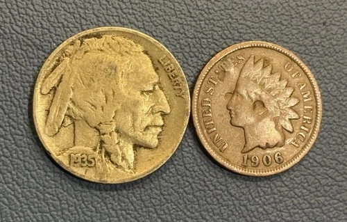 Vintage U.S Coins - 1906 Indian Head Cent + 1935 Buffalo Nickel