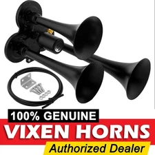 VIXEN HORNS TRAIN AIR HORN 3 TRUMPETS BLACK FOR TRUCK/CAR/SUV LOUD SOUND 12V/24V