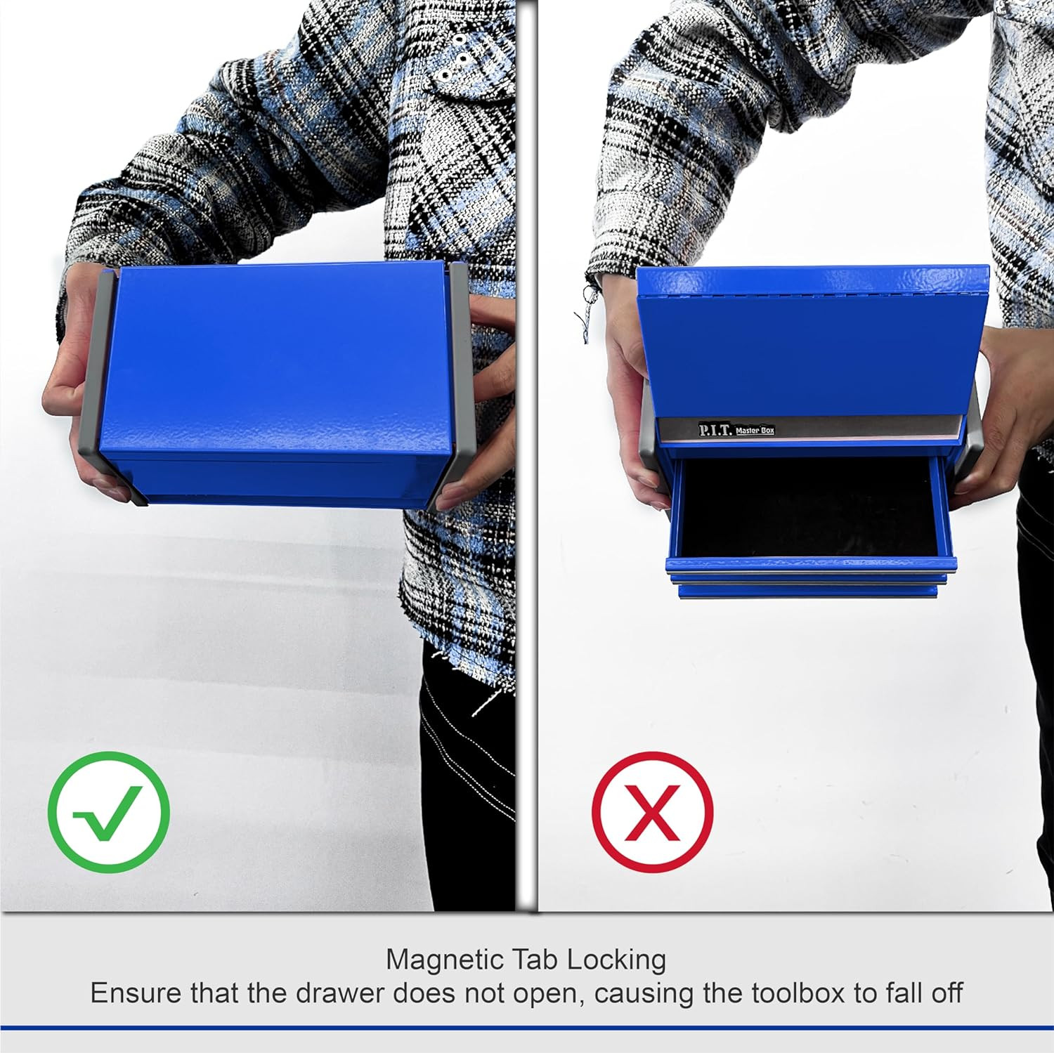 P.I.T. Mini Blue Tool Box, Portable 3 Drawer Steel Tool Box with Magnetic Tab Lo