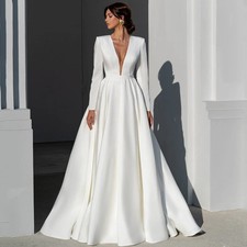 A-Line Wedding Dress VNeck Long SleeveDress Boho Beach Backless Princess Wedding