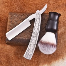 Rasoio dritto acciaio J2 inciso a mano vintage lama da barba spazzola barbiere regalo