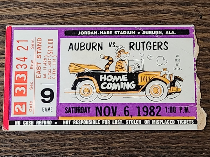 1982 Bo Jackson Freshman Ticket Stub Auburn 8th Career TD, 114 yrds / 53 yd run